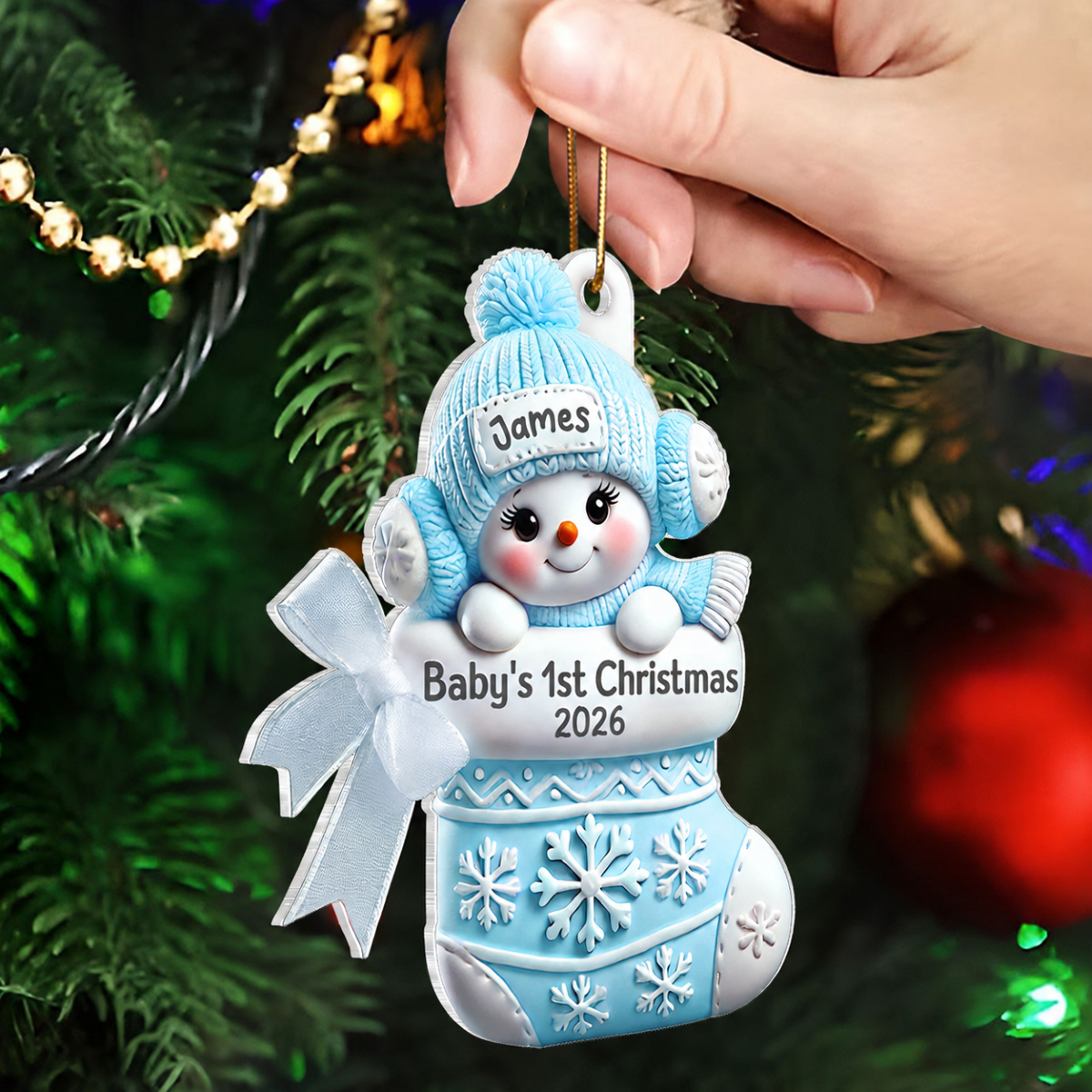 3D Effect Snowbaby On Stocking Baby's 1st Christmas Keepsake Personalized Acrylic Flat Ornament