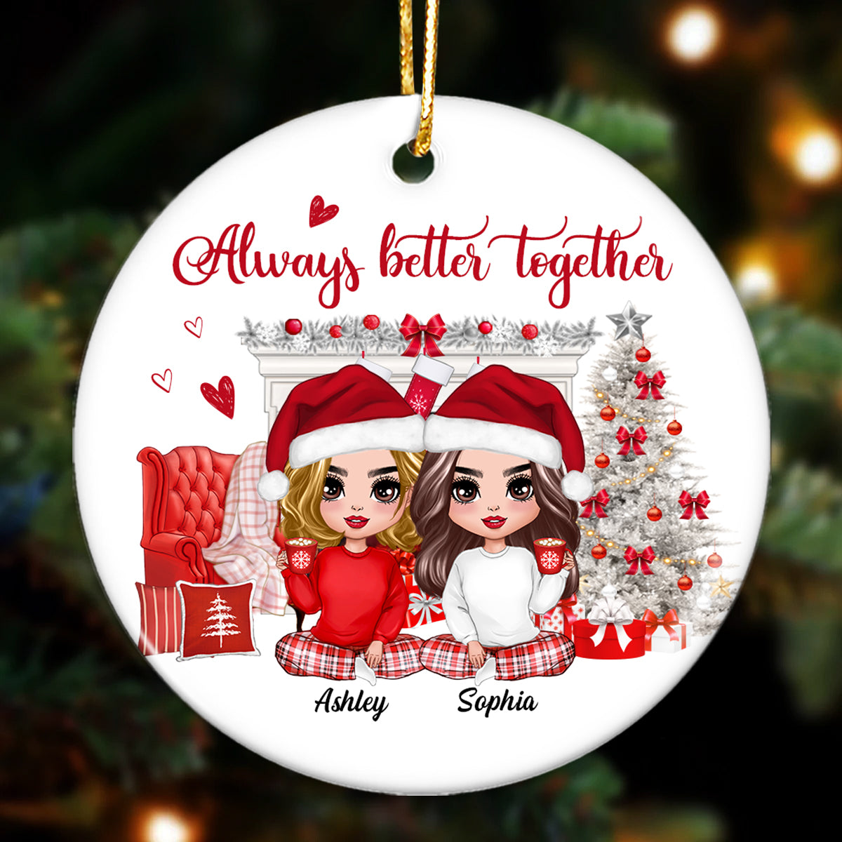 White Christmas Pajamas Doll Besties Sisters Sitting Personalized Circle Ornament