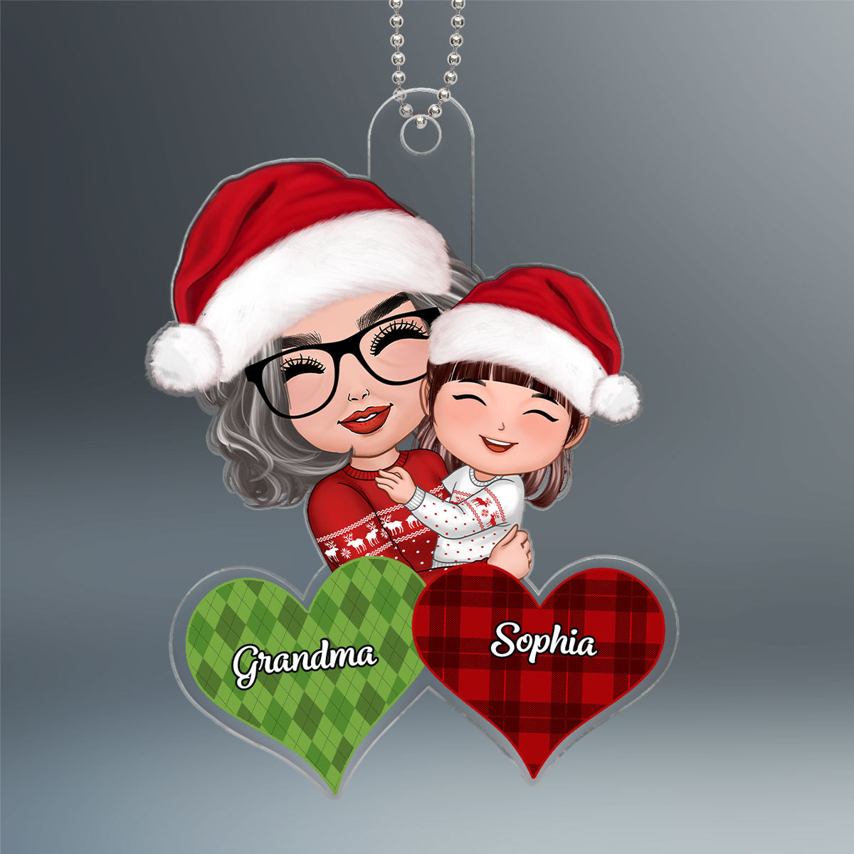 Christmas Doll Grandma Hugging Kid Checkered Pattern Hearts Gift For Granddaughter Grandson Personalized Acrylic Ornament
