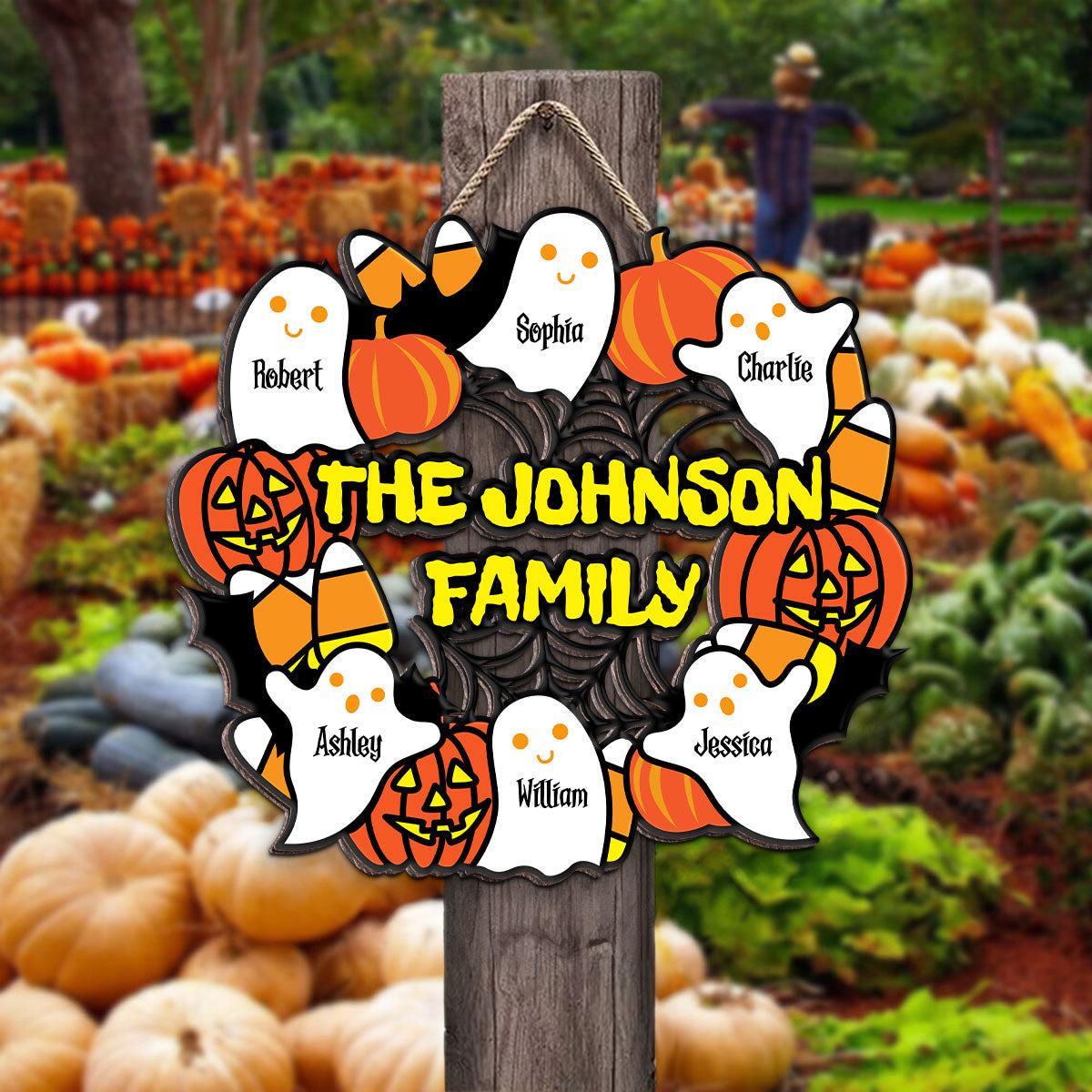 Halloween Family Wreath Shaped Personalized Wood Sign