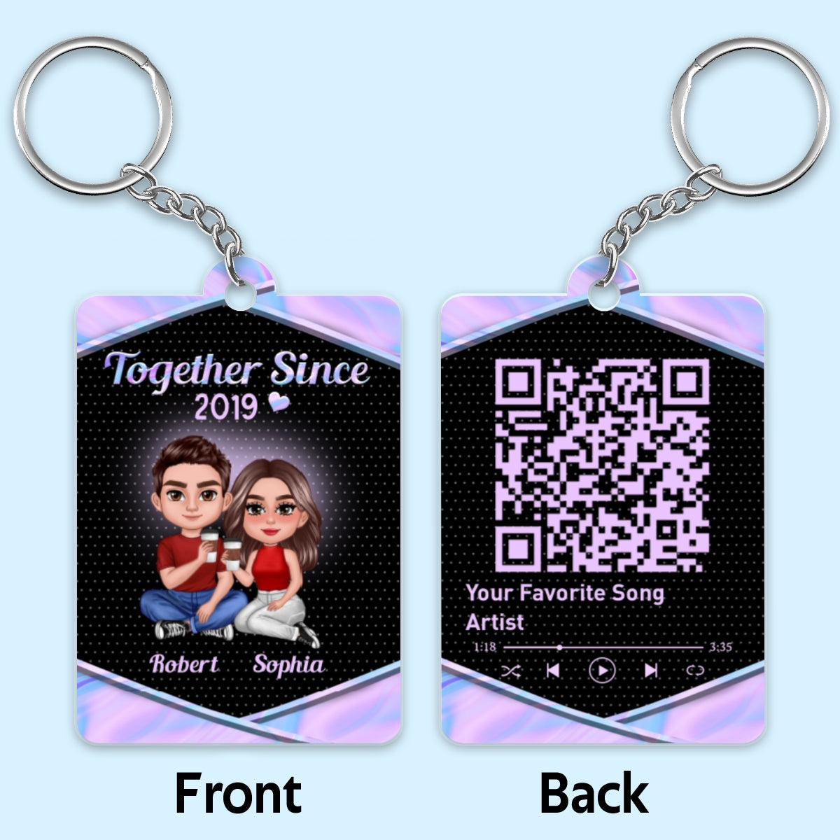 Doll Couple Sitting Together Galaxy Metal Texture Favorite Song QR Code Personalized Acrylic Keychain