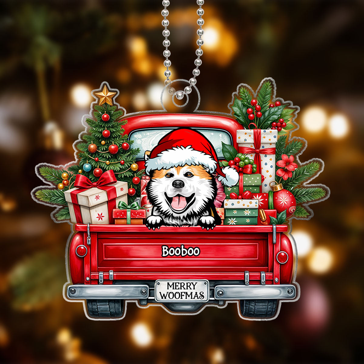 Merry Woofmas Dogs On Truck Personalized Acrylic Ornament, Christmas Gift For Dog Mom Dog Dad