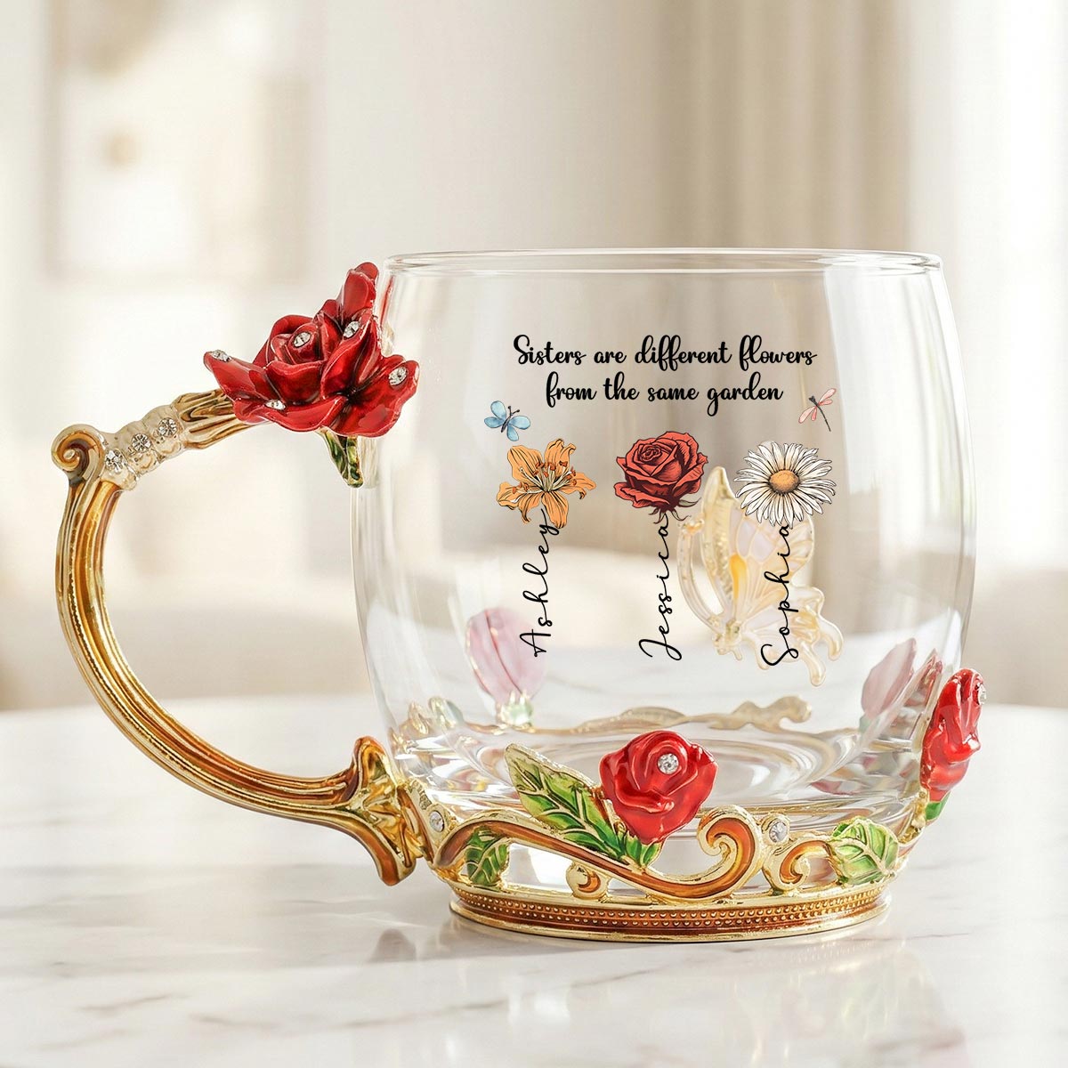 Sisters Are Flowers From Same Garden Custom Birth Month Flowers - Personalized Enamel Flower Tea Cup - Gift For Sisters