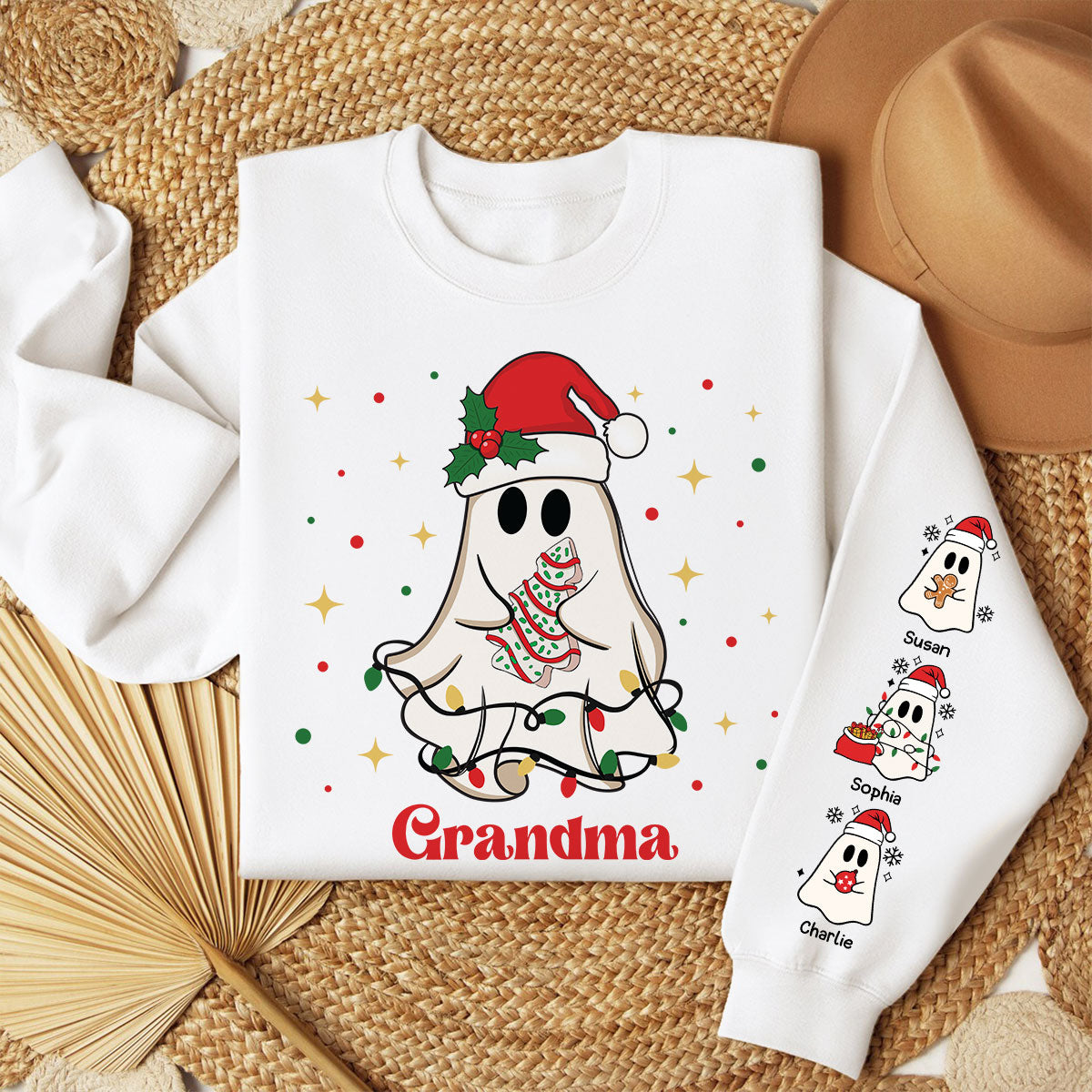 Christmas Cute Boo Grandma Grandkids Personalized Sleeve Printed Sweatshirt