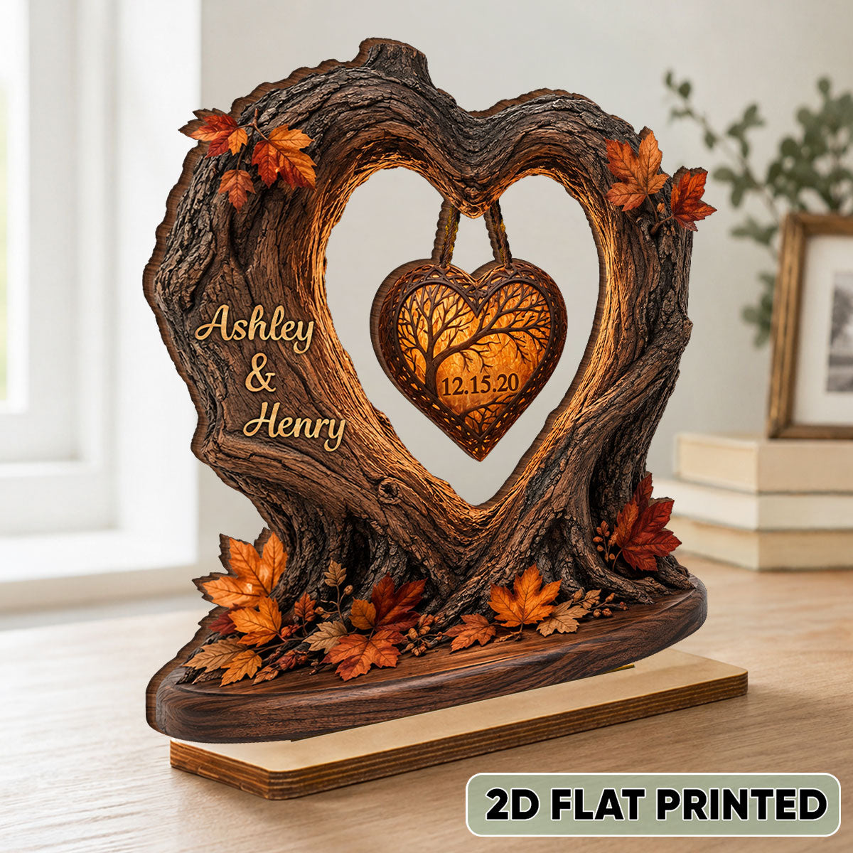 Couple Fall Season Heart Tree - Personalized 2-Layered Wooden Plaque - Anniversary Gift for Her, for Him
