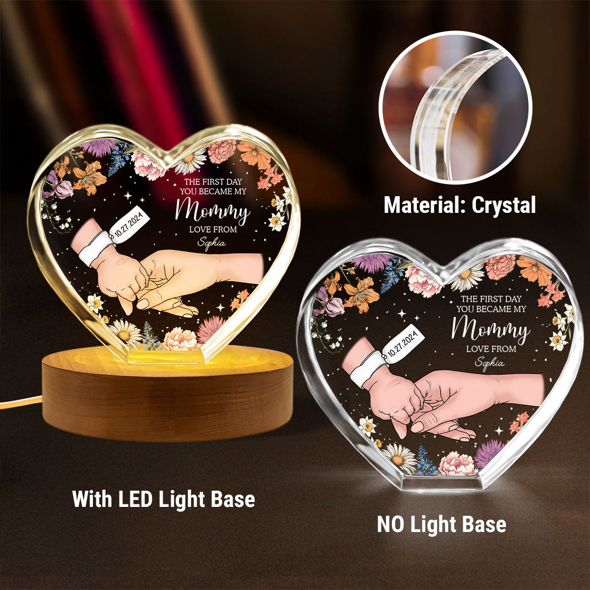 The First Day You Became My Mommy Personalized Premium Heart Crystal LED, Free Shipping Included,  Gift for her, Gift for New Mom