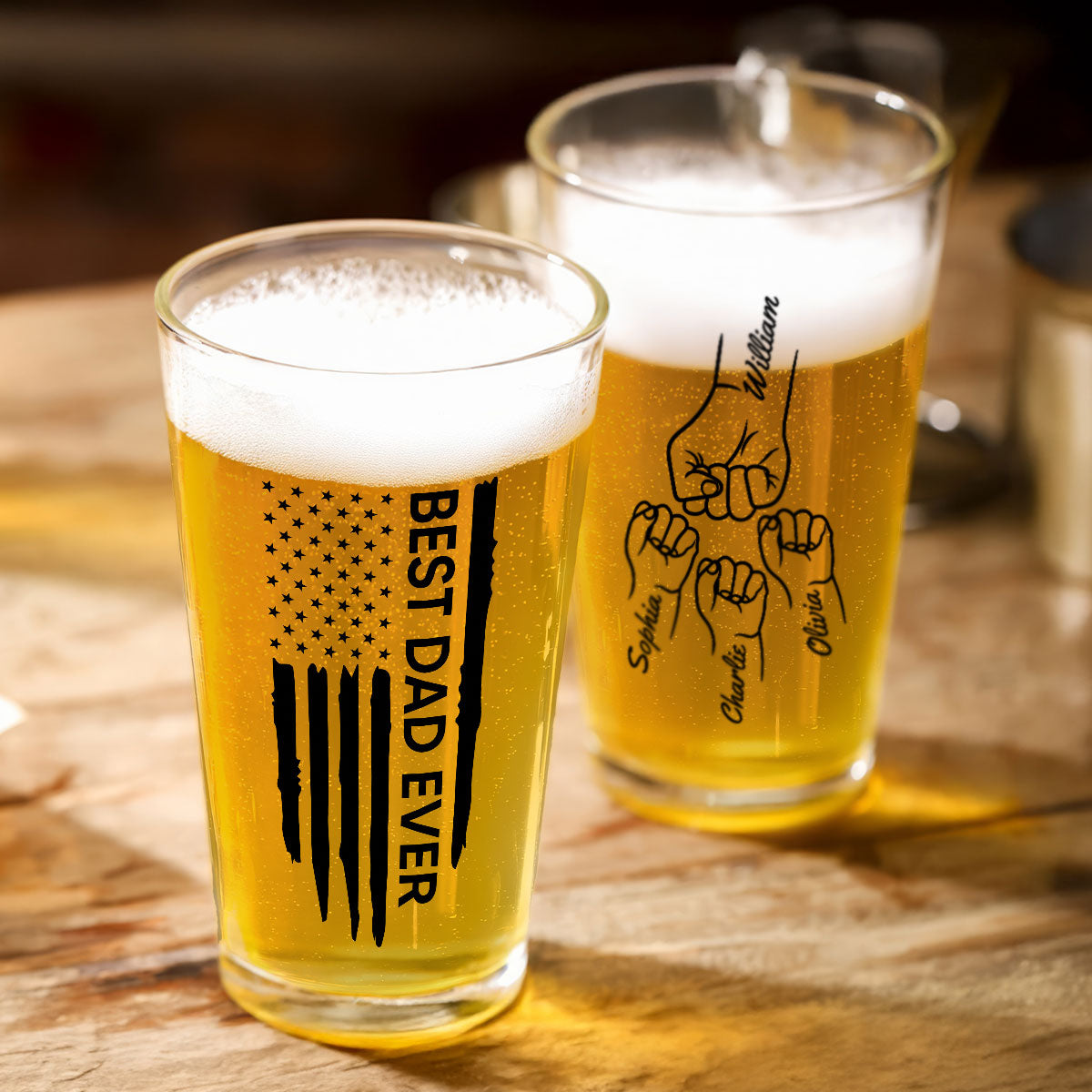 Best Dad Papa Grandpa Ever Fist Bump Outline Nation Flag Personalized Beer Glass