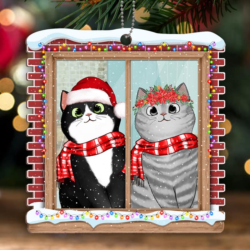 Cute Fluffy Cat Peeking By Window Personalized Wooden Ornament
