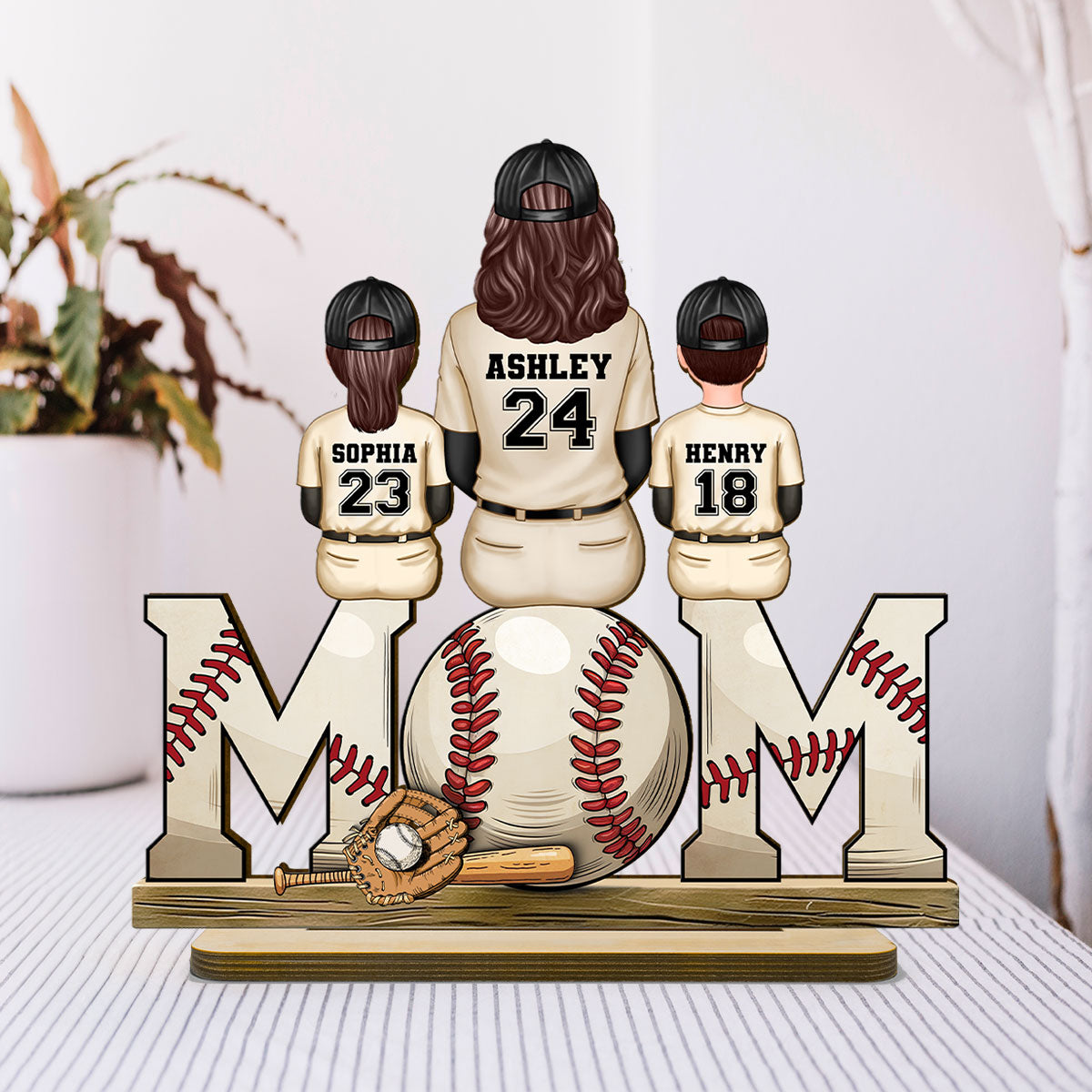 Baseball Mom Family Sitting Back View Personalized Standing Wooden Plaque, Gift for Wife, Gift for Mom
