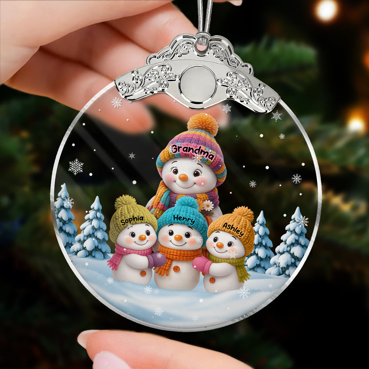 Snowman Grandma & Grandkids in Snow - Personalized Glass Ornament With Silver Cap - Heartwarming Christmas Gift for Grandma Grandpa - 3D Effect Ornament