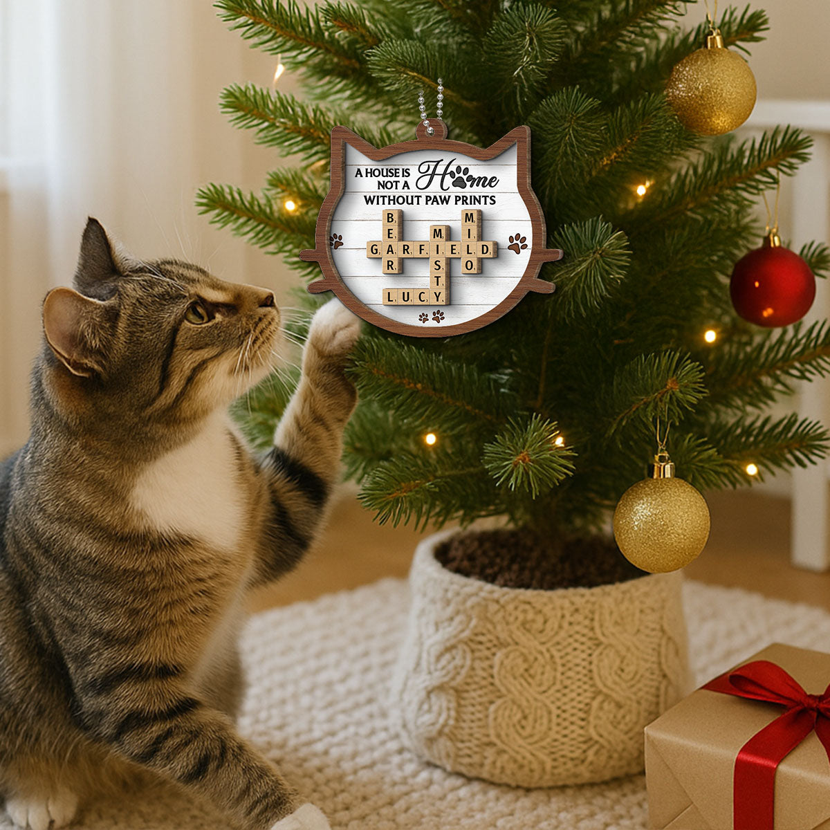Cat Face Shape A House Is Not A Home Without Paw Prints Crossword Art Personalized 2-Layer Wooden Ornament