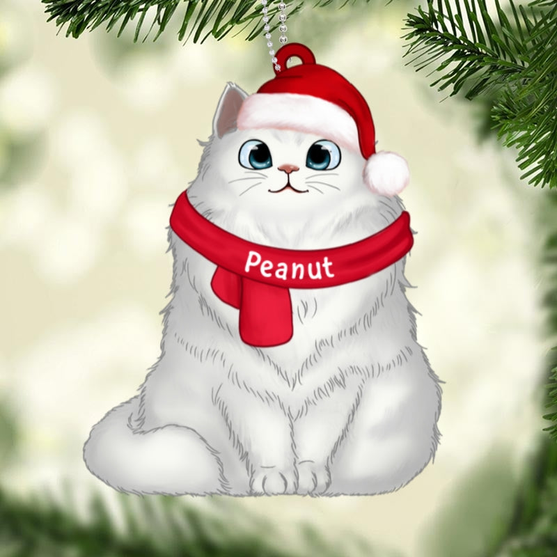 Fluffy Cat Christmas Hat Personalized Wooden Ornament