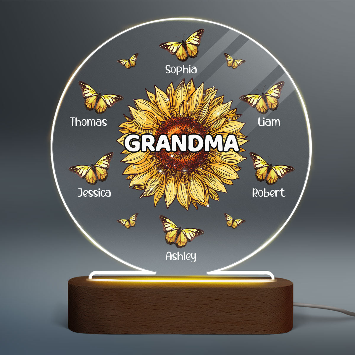 Sunflower Grandma Butterflies Grandkids Names Personalized Circle Acrylic Plaque LED Lamp Night Light