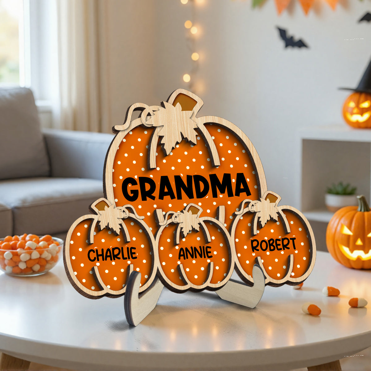 Fall Season Grandma Little Pumpkins Polka Dot Pattern Personalized 2-Layer Wooden Plaque