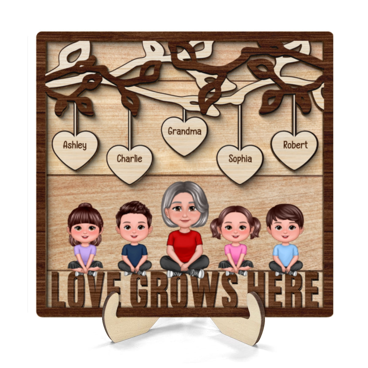Love Grows Here Grandma Grandkids Personalized 2-Layer Wooden Plaque
