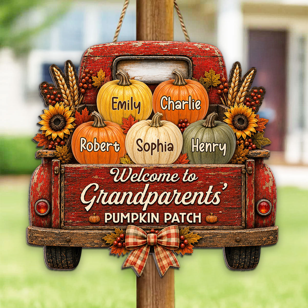 Trending Pumpkins On Truck - Personalized Wood Sign - Fall Season Decoration For Grandparents