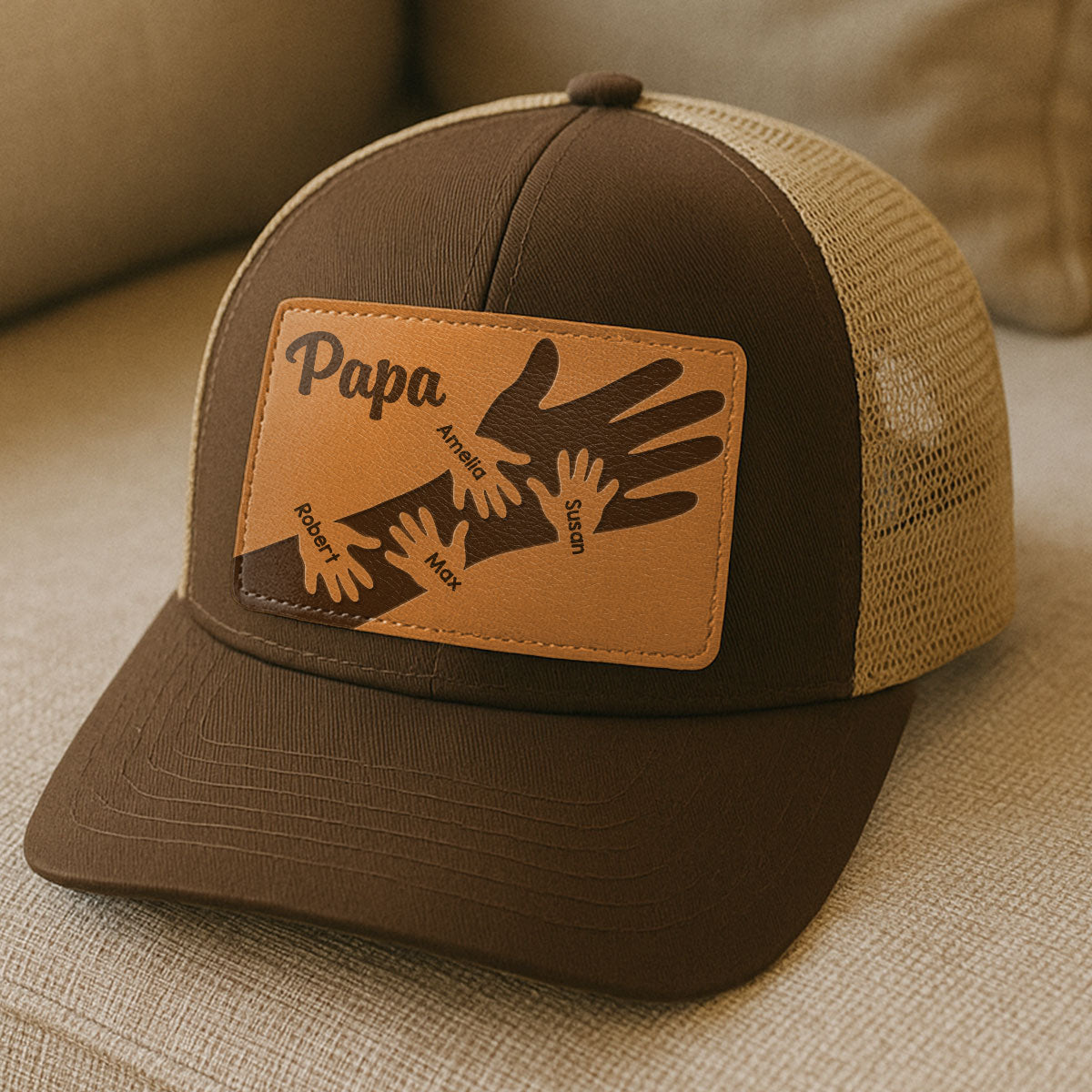Dad Grandpa Kids Hands Personalized Leather Patch Hat, Father's Day gift