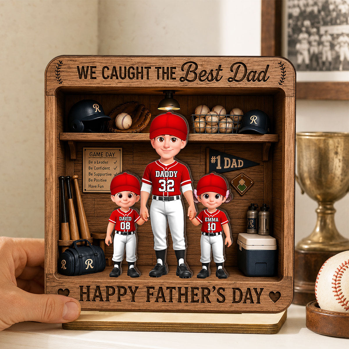 Baseball Dad & Kids Locker Room - Personalized 2-Layered Wooden Plaque - Father's Day Gift For Dad, Husband