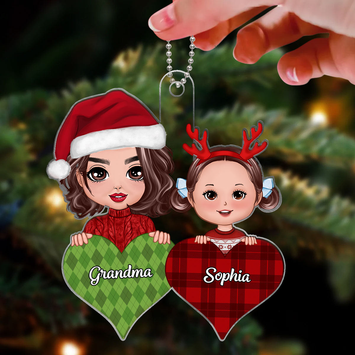 Doll Grandma & Grandkid Peeking On Pattern Heart Christmas Gift For Grandson Granddaughter Personalized Acrylic Ornament