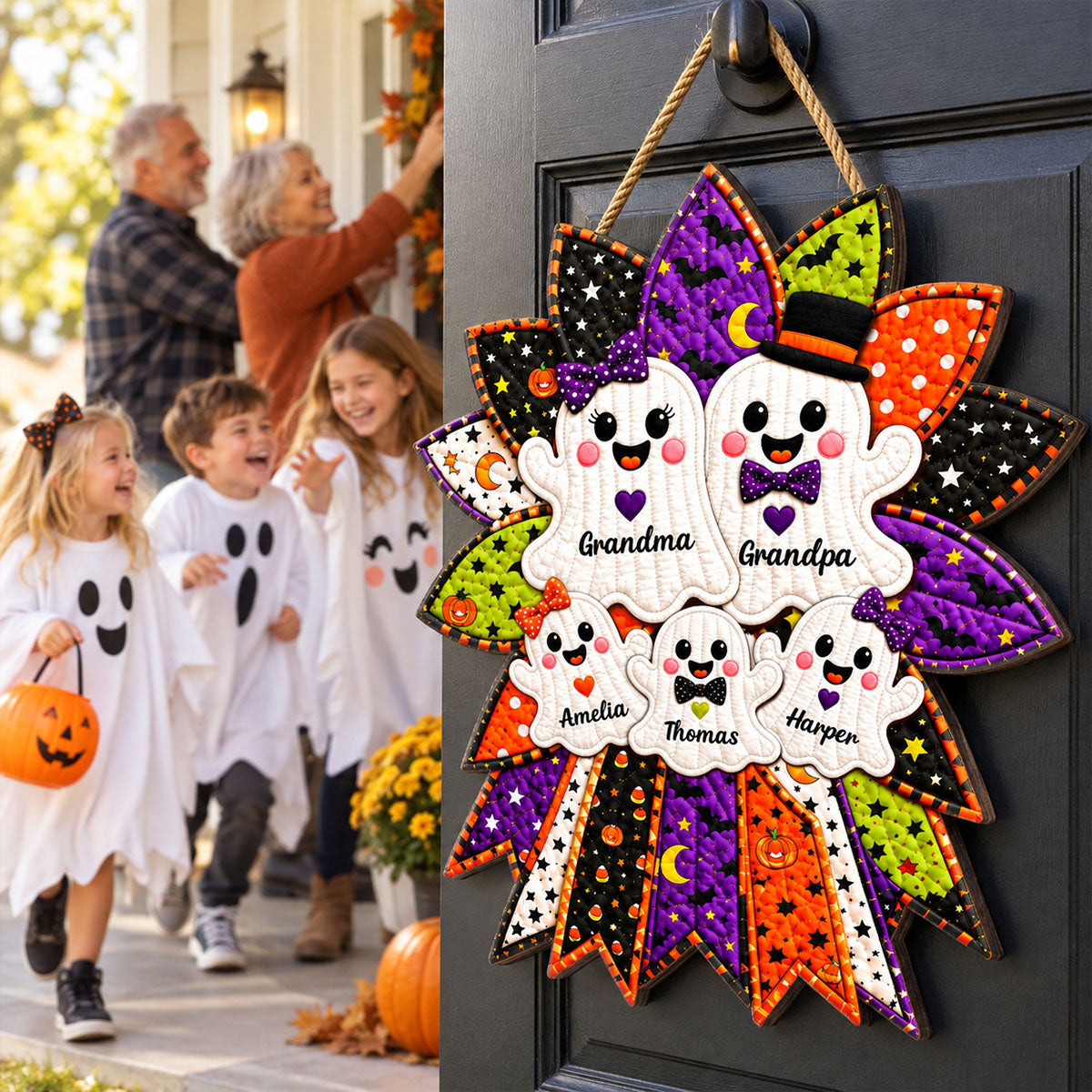 Quilted Effect Wreath Ghost Family 2D Flat - Personalized Wooden Sign - Halloween Decor for Grandma & Grandpa