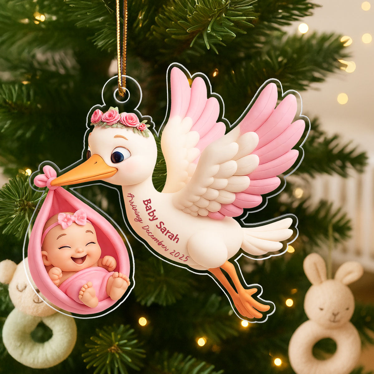 3D Effect Cute Stork And Baby Personalized Acrylic Ornament, Heartfelt First Gift for Pregnant Mom
