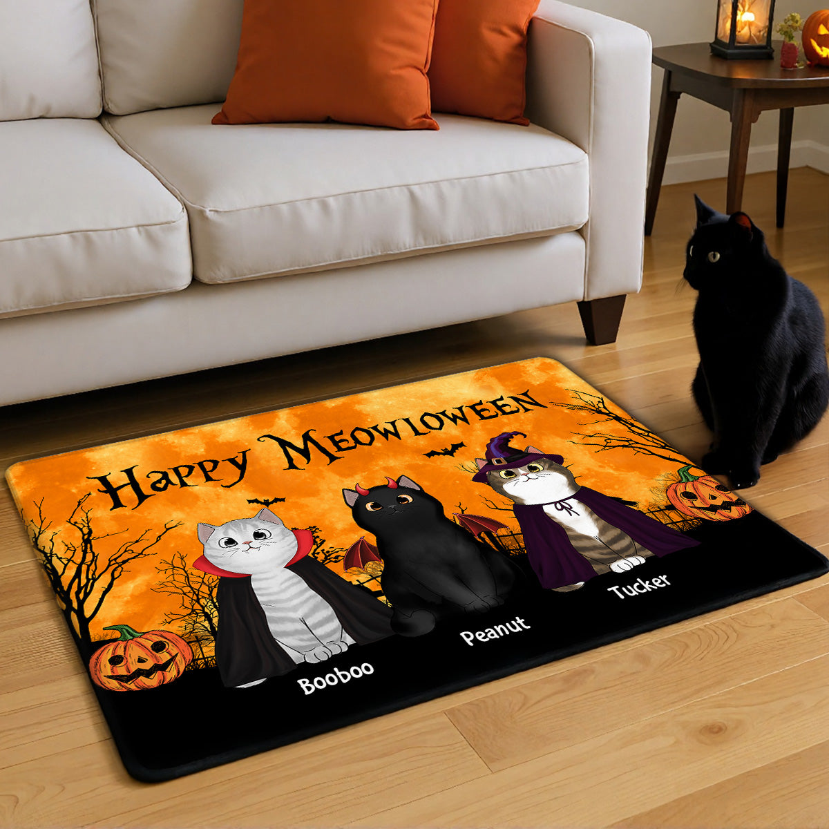 Happy Meowloween Halloween Moon Light Bat Tree Spooky Cat Personalized Doormat, Purrfect Decor for Cat Lover