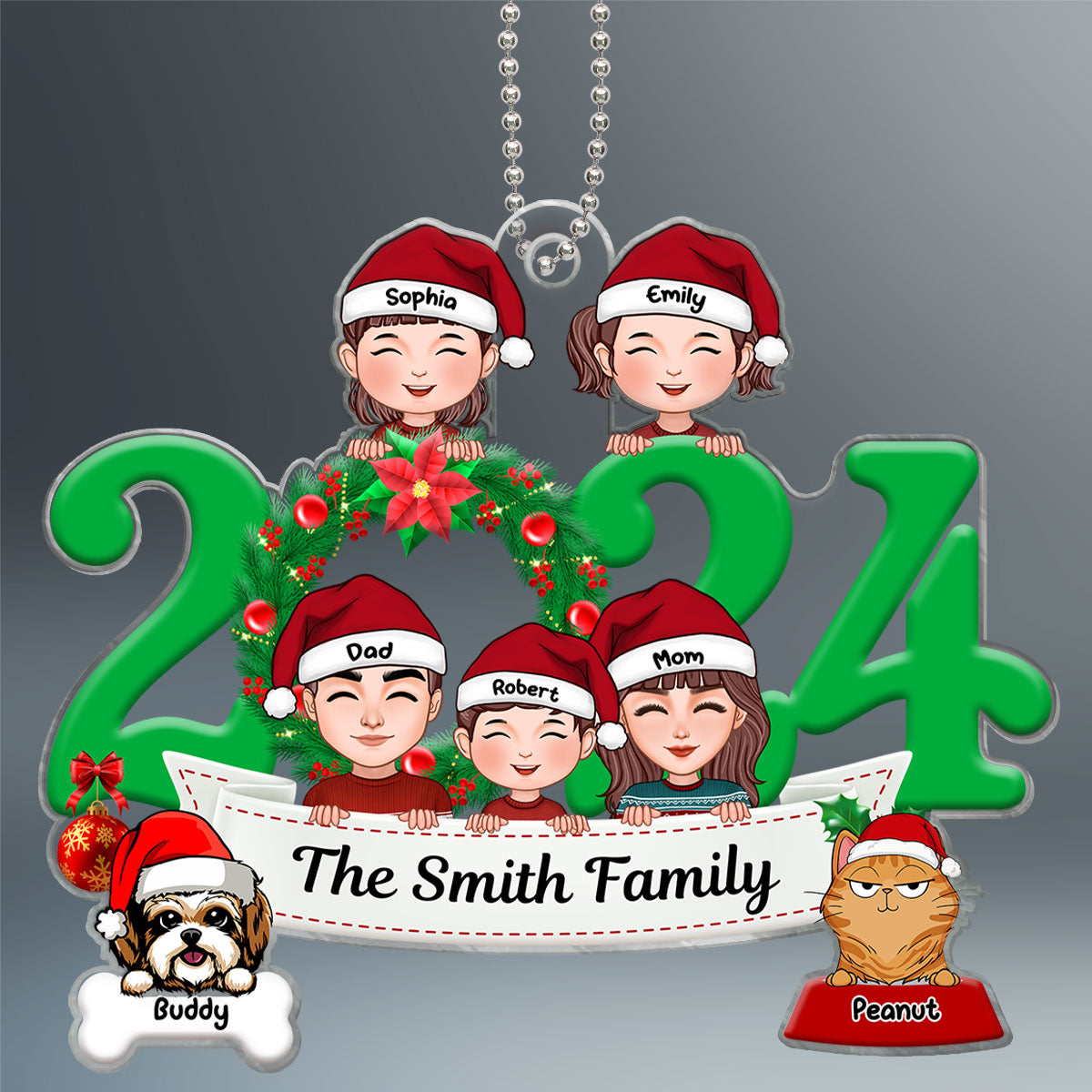 Family And Dogs Cats Peeking 2024 Personalized Acrylic Ornament