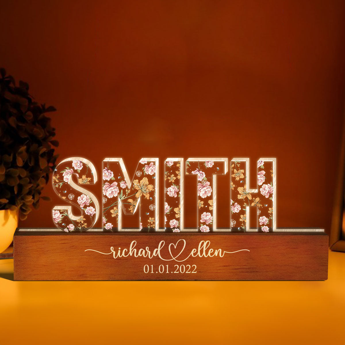 Mr & Mrs Family Name Wedding Anniversary  Gift for her & for him, Custom Flower Printed LED Night Light