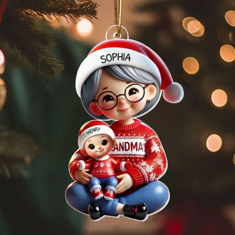 3D Effect Grandma Grandkids Sitting Crossed Legs Personalized Acrylic Ornament, Christmas Gift for Grandma, Granddaughter Grandson