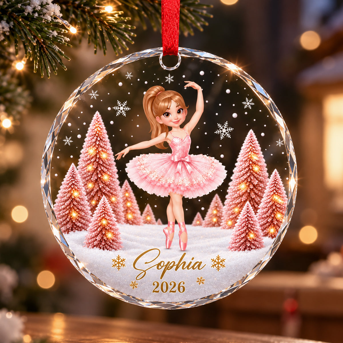 Pink Ballerina 2D Flat - Personalized Glass Ornament – Christmas Gift for Daughter, Granddaughter & Young Dancers