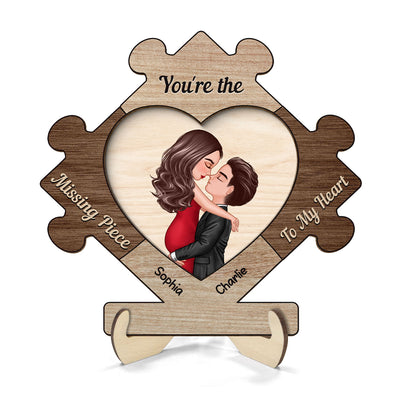 Couple Kissing In Puzzle Piece Personalized 2-layer Wooden Plaque,  Gift For Him, For Her