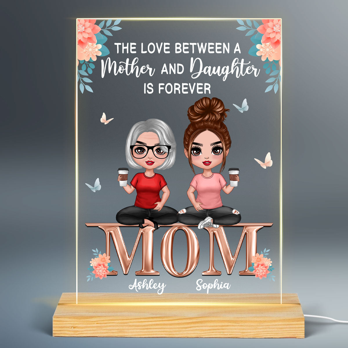 Doll Mother Daughters Sitting On Word Flower Personalized Acrylic LED Night Light