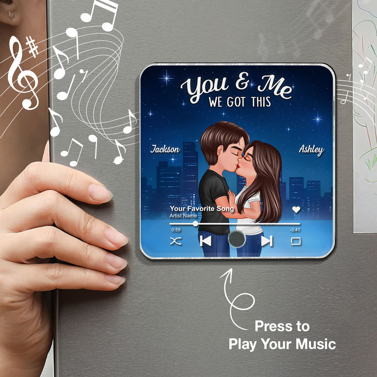 Couple Kissing Neon City Night Skyline Personalized Music Magnet, Anniversary gift for him, for her