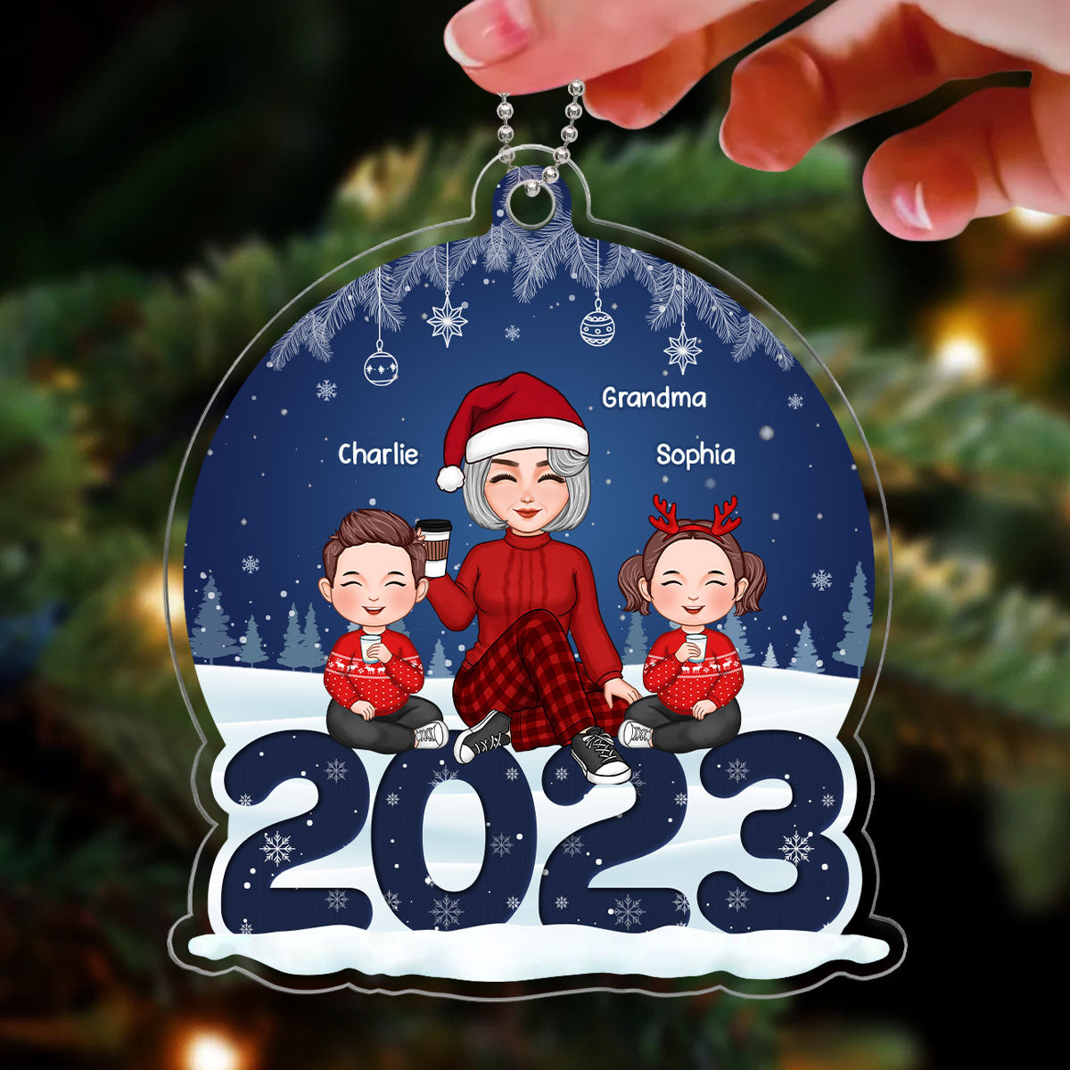 Grandma Grandkids Sitting On 2023 Night Background Personalized Acrylic Ornament