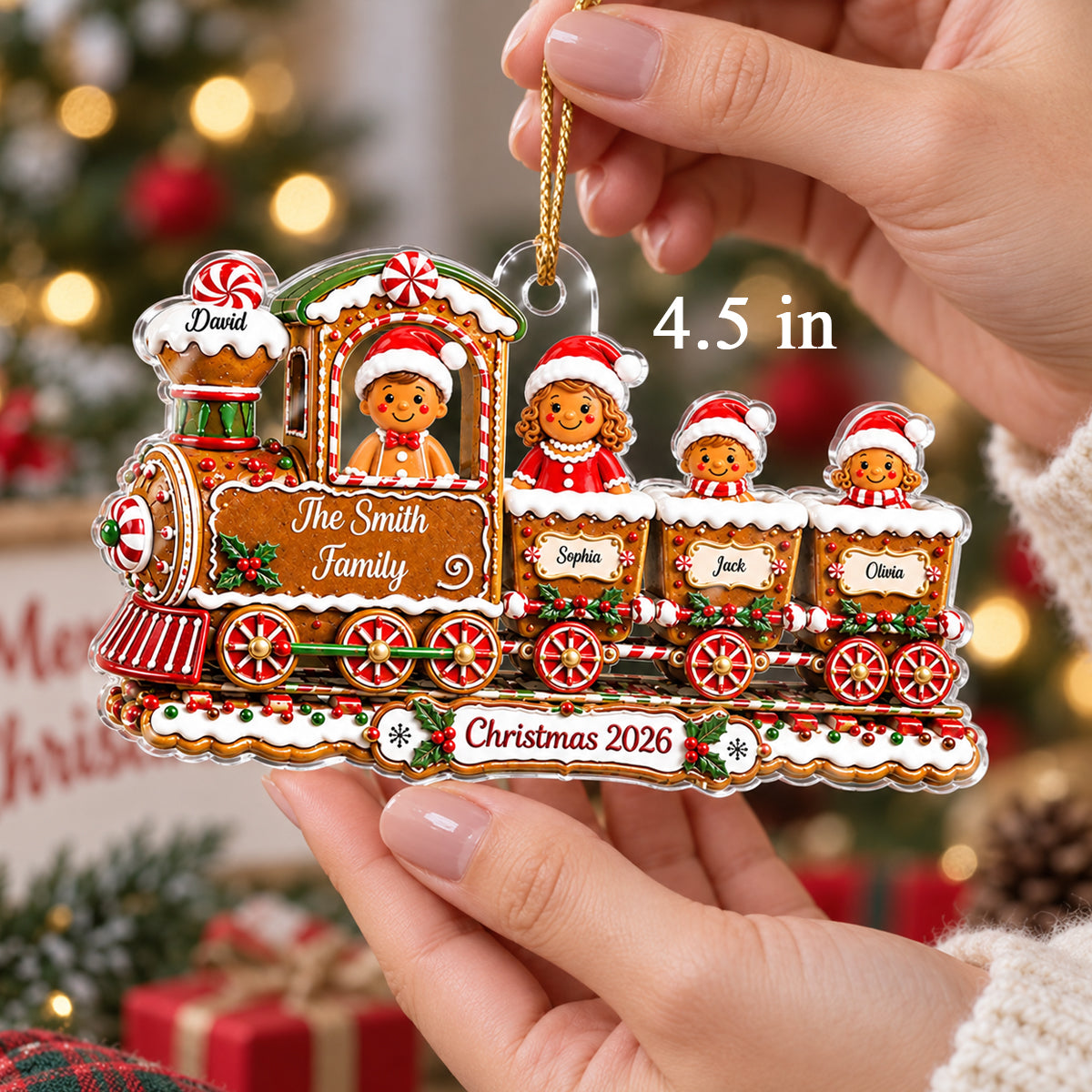 Family Gingerbread Christmas Train - Personalized Acrylic Ornament - Family Holiday Keepsake Gifts