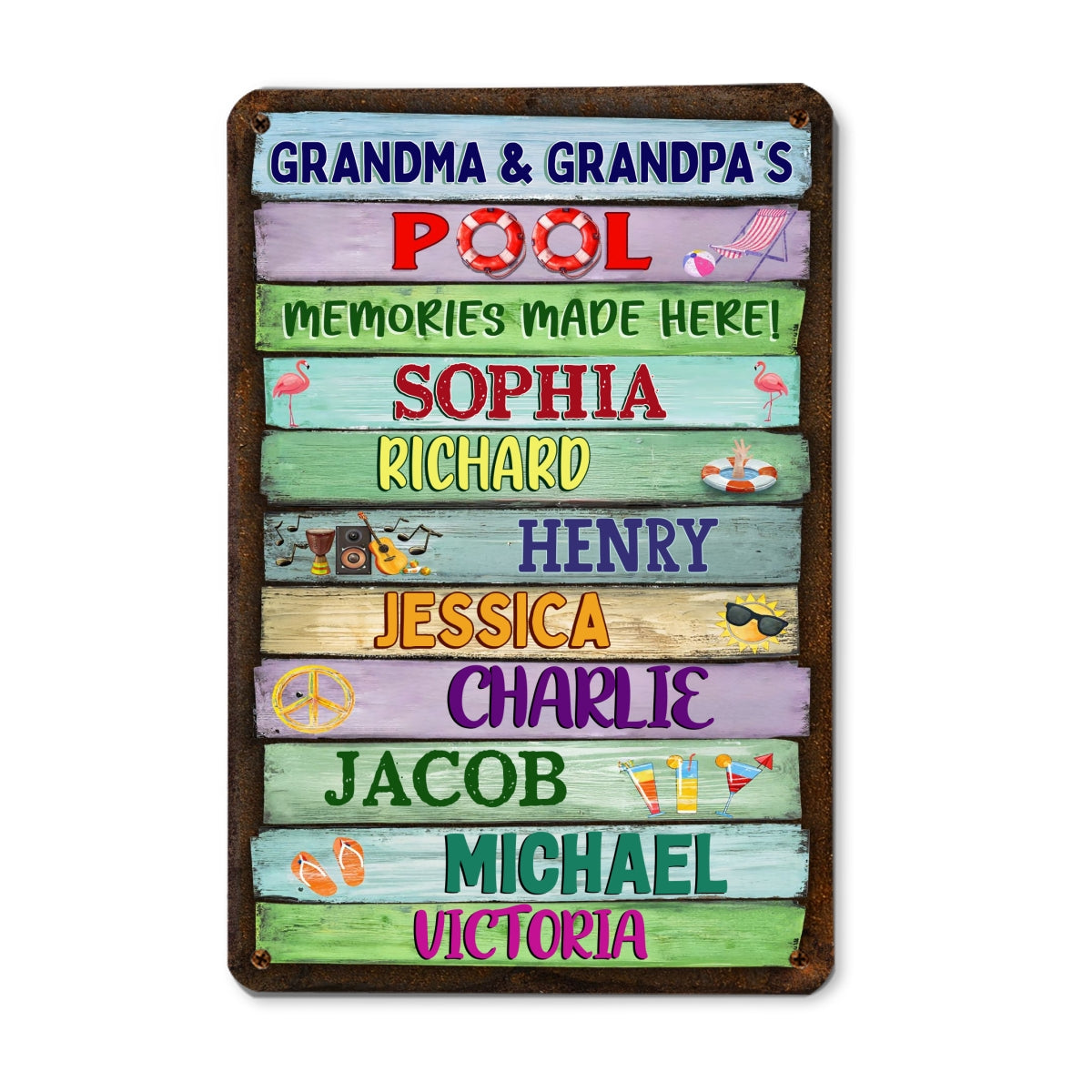 Grandma Grandpa Pool Colorful Wood Palletes Personalized Metal Sign