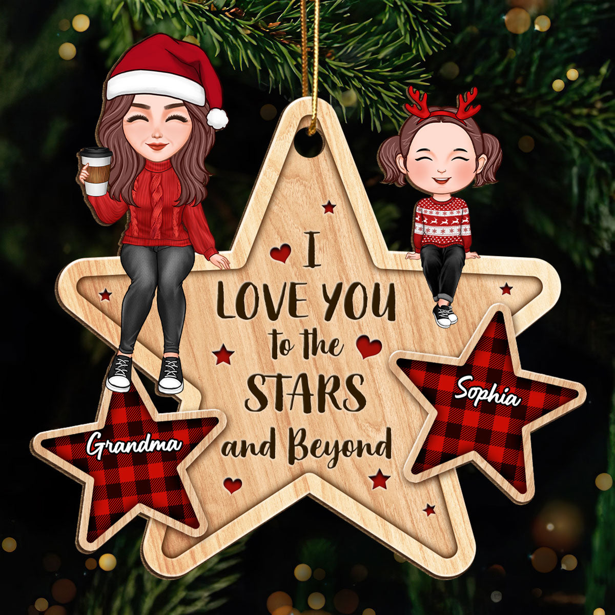 Love You To The Stars & Beyond Cute Grandma Grandkid Sitting Personalized Wooden Ornament