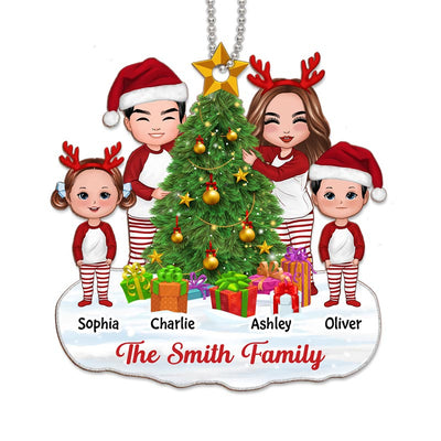 Doll Family Decorating Christmas Tree Personalized Wooden Ornament