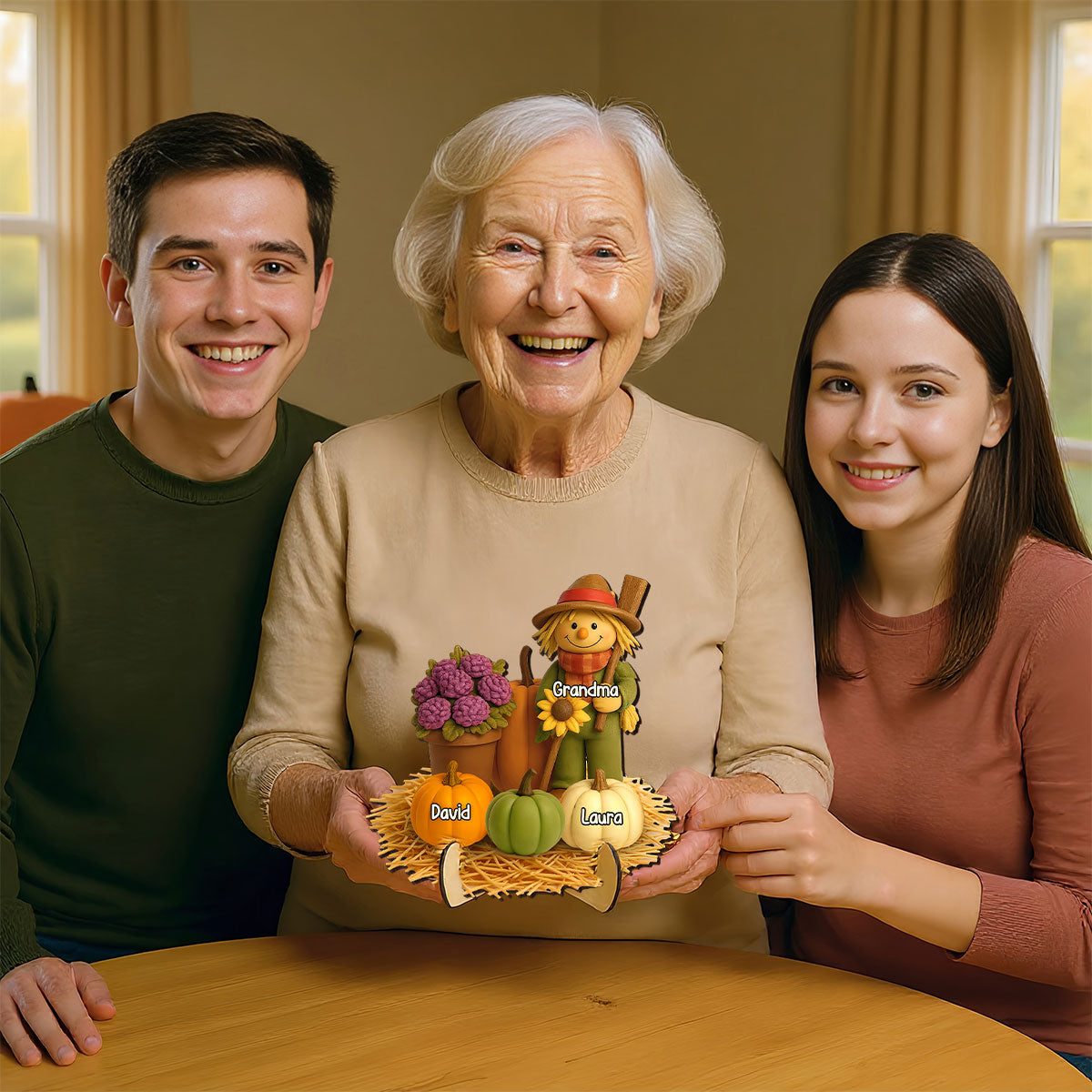 Fall Scarecrow Grandma with Pumpkins Grandkids Names 3D Effect Personalized 2-Layer Wooden Plaque