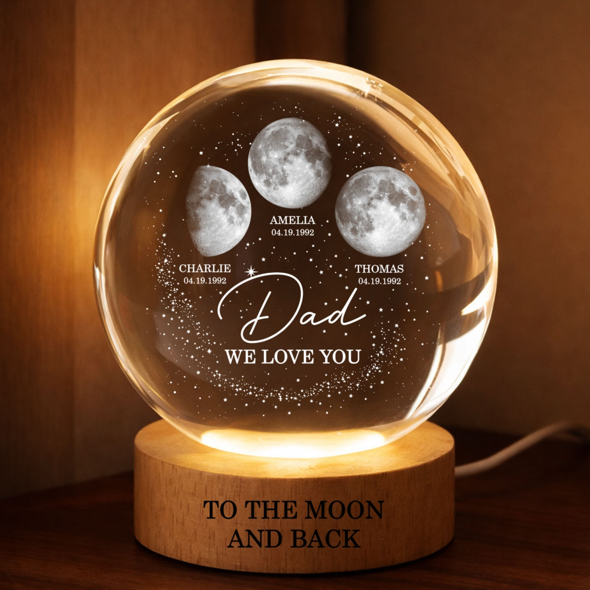 Love to the Moon and Back - Personalized Crystal Ball LED Night Light - Custom Moon Phase by Date, Father's Day Gift for Dad, Husband