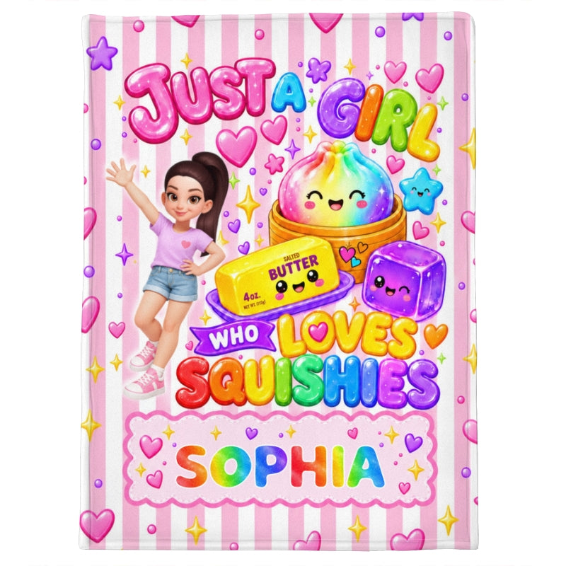 Just A Girl Who Loves Squishies - Personalized Fleece Blanket - Christmas Gift For Girl, Granddaughter, Daughter