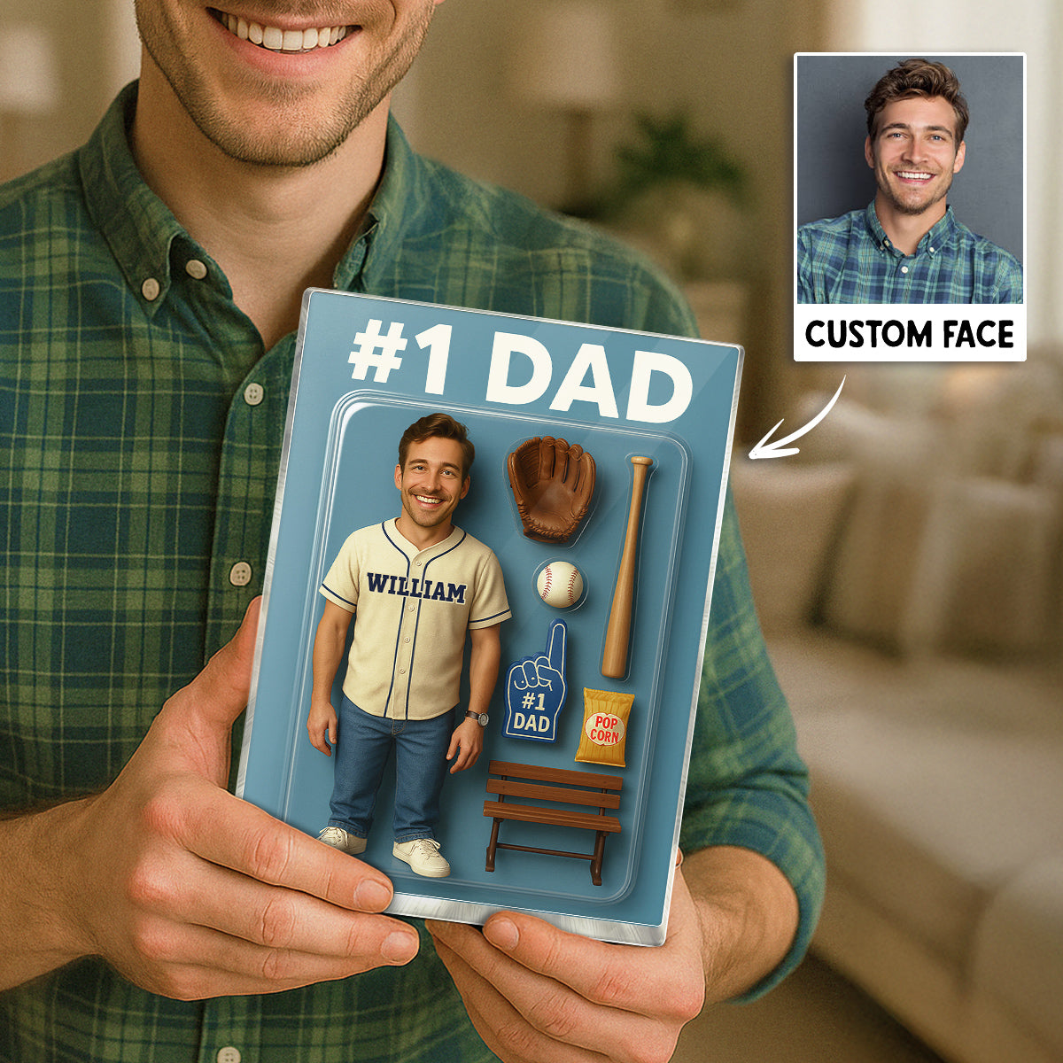 3D Effect Baseball Dad Custom Figure Personalized Rectangle Acrylic Block Plaque