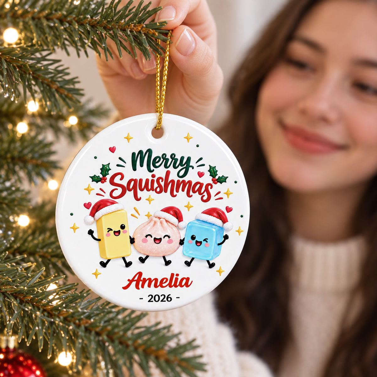Merry Squishmas 2026 Custom Name - Personalized Ceramic Ornament - Christmas Keepsake For Squishy Hunting Lover, Viral Squishy Dumpling Trend
