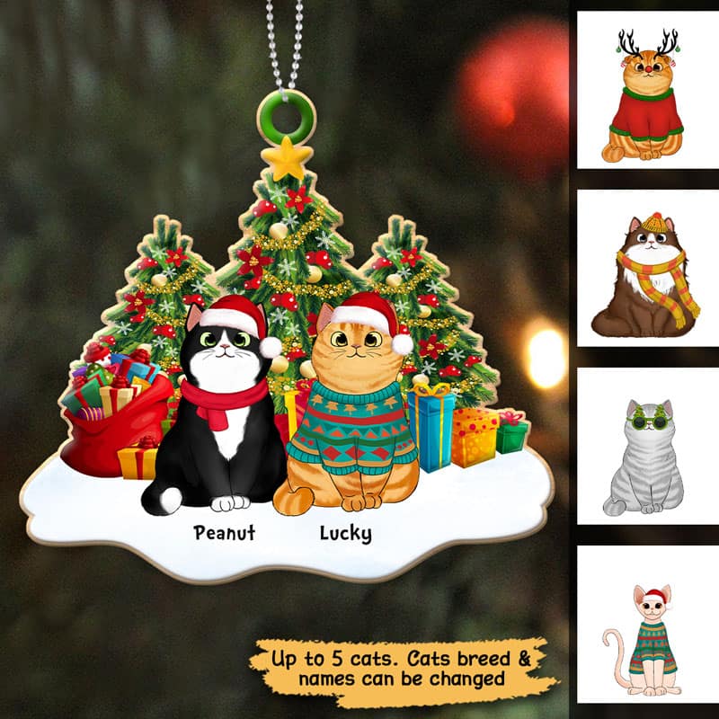 Fluffy Cats Sitting On Snow Christmas Tree Personalized Wooden Ornament