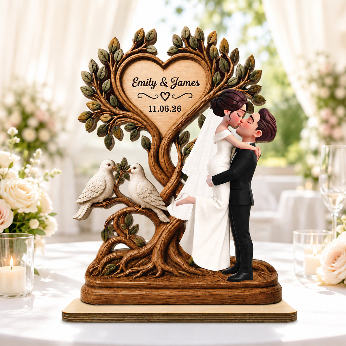 Wedding Couple Tree Of Life With Doves - Personalized 2-Layered Wooden Plaque - Wedding Keepsake, Anniversary Gift For Couples