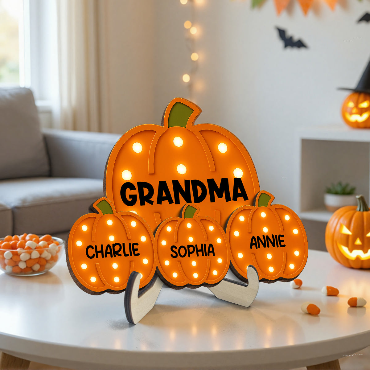 Grandma Little Pumpkins Faux Marquee Pattern Personalized 2-Layer Wooden Plaque, Cozy Fall Season Home Decor