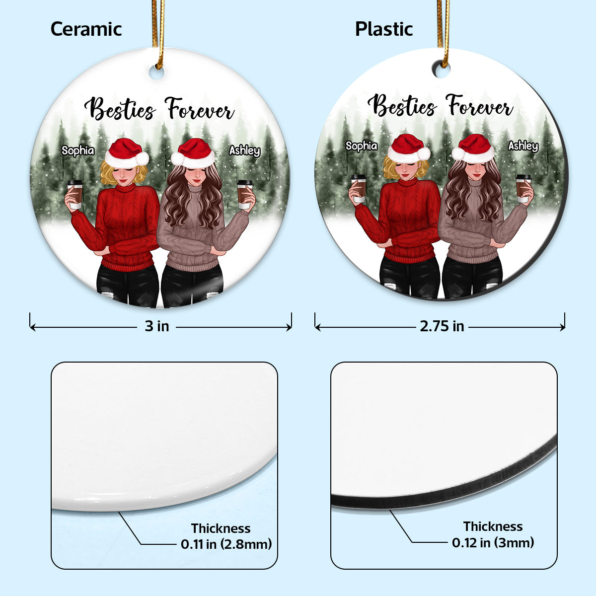 Snowy Pine Tree Forest Front View Christmas Besties Personalized Circle Ornament