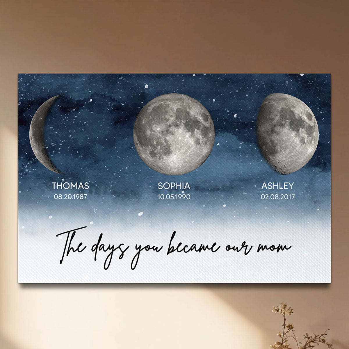 Starry Night Birth Moon Phase The Day You Became Our Mom Personalized Wrapped Canvas, Birthday Gift For Mom, Grandma, Gift or Just Because