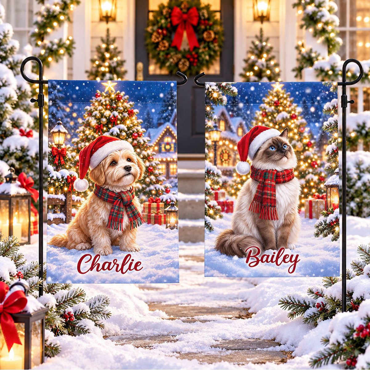Winter Christmas Dog Cat Photo Upload - Personalized Garden Flag - Holiday Decoration For Dog Lovers, Cat Lovers