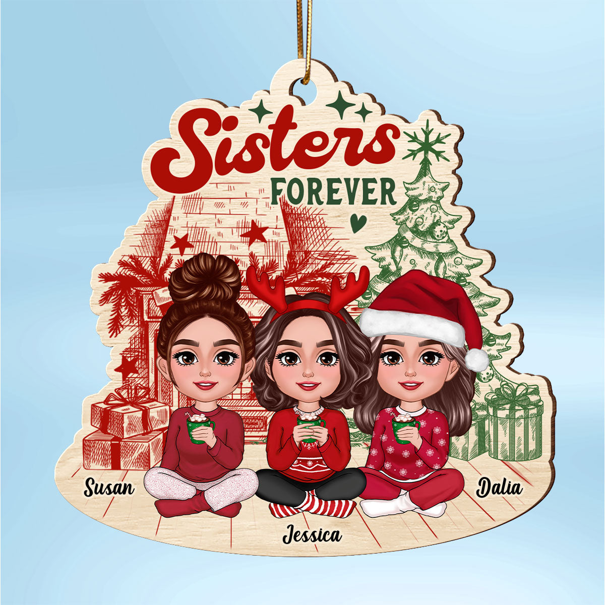 Besties Sisters Sitting Retro Fireplace Christmas Tree Personalized Wooden Ornament